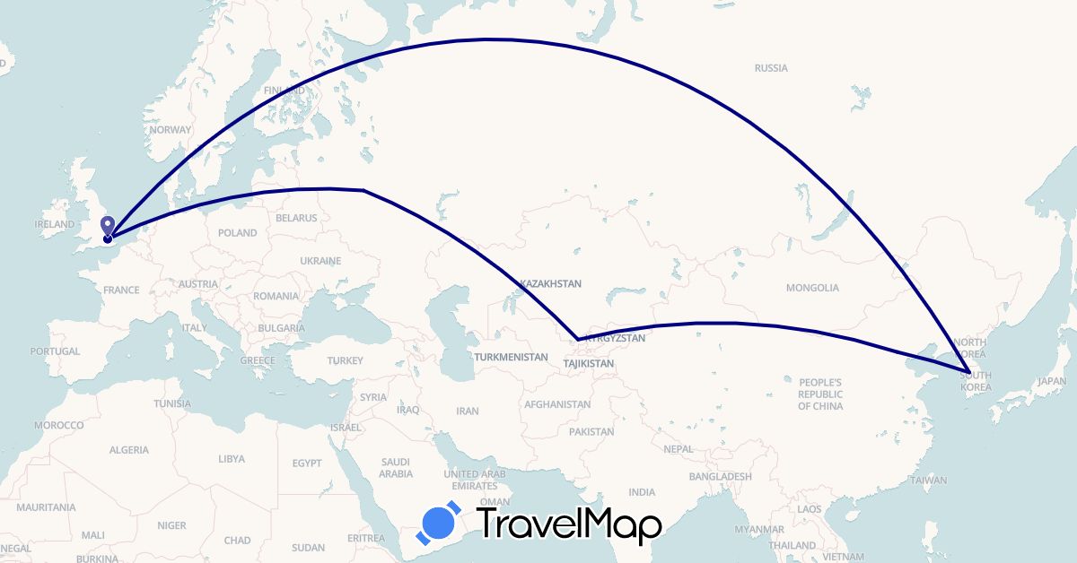 TravelMap itinerary: driving in China, United Kingdom, South Korea, Russia, Uzbekistan (Asia, Europe)